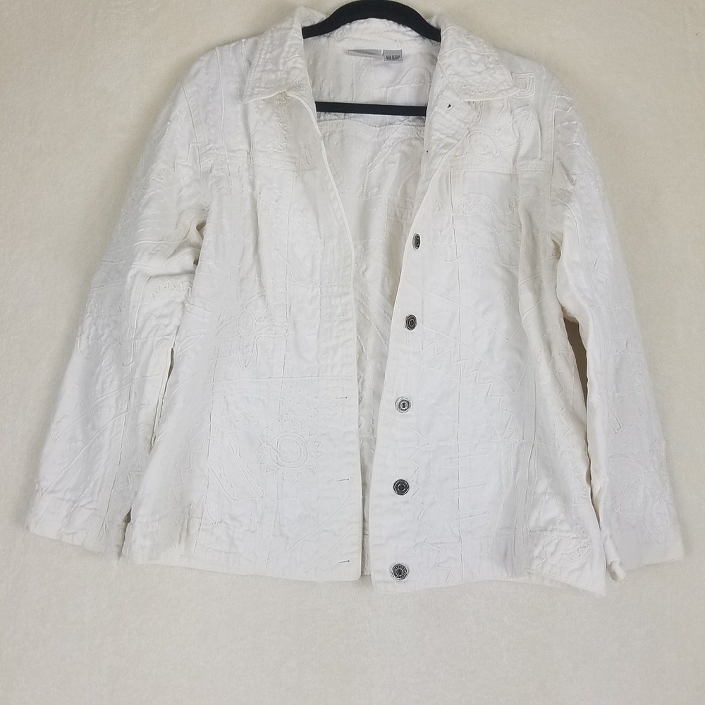 Chico's‎ Denim Jacket Womens Size 1 White Good Embroidered Cotton Button Front